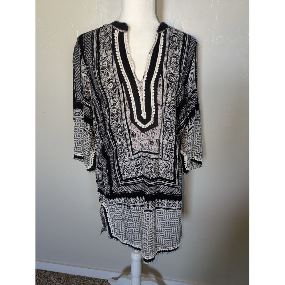 Ark‎ & Co Black White Boho Tunic Dress Medium Paisley Geometric Print 3/4 Sleeve